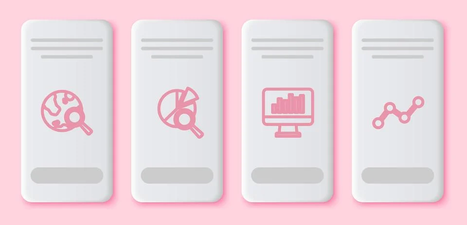 Set line Search globe, data analysis, Monitor with graph chart and Graph in.. Illustrazione stock