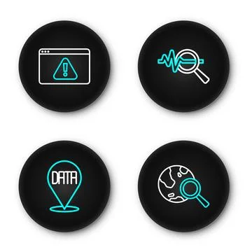 Set line Search globe, Data analysis, data and Browser with exclamation mar.. イラスト素材
