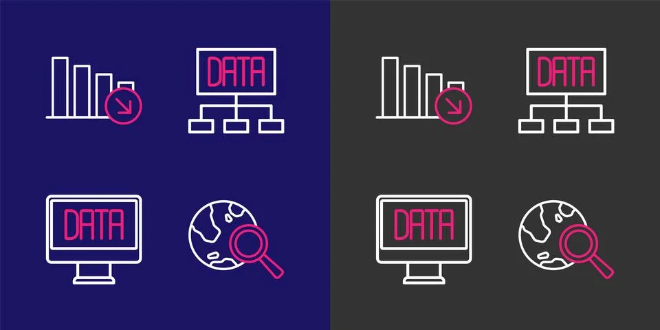 Set line Search globe, Data analysis,  and Financial growth decrease icon. .. Illustrazione stock