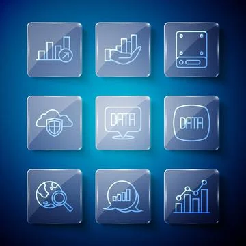 Set line Search globe, Pie chart infographic, Server, Data analysis, Cloud and Stock Illustration