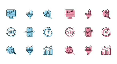Set line Search globe, Sales funnel with chart, Monitor graph, Financial growth Stock Illustration