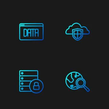 Set line Search globe, Server security with padlock, Data analysis and Cloud and Illustrazione stock