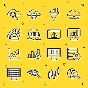 Set line Search globe, Server security with padlock, Pie chart infographic,.. Stock Illustration