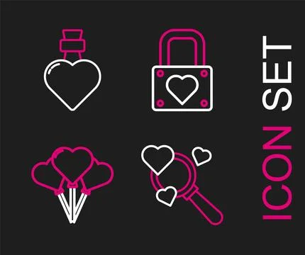 Set line Search heart and love, Balloons in form of, Lock and Bottle with potion Stock Illustration