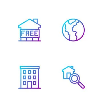 Set line Search house, Multi storey building, Shelter for homeless and Glob.. Ilustración de archivo