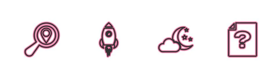 Set line Search location, Cloud with moon and stars, Rocket ship fire and Illustrazione stock