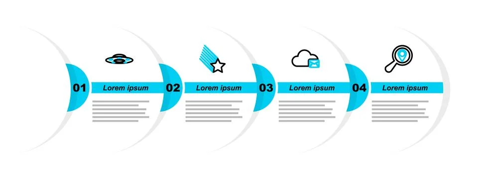 Set line Search location, Cloud mail server, Falling star and UFO flying Illustrazione stock