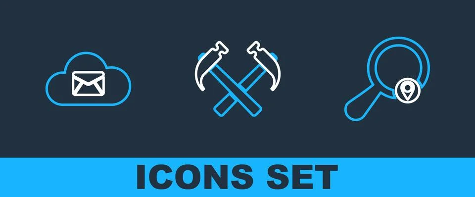 Set line Search location, Cloud mail server and Two crossed hammers icon. V.. Stock Illustration