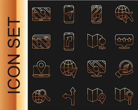 Set line Search location, Compass, Map pointer with star, City map navigation Stock Illustration