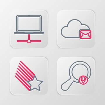 Set line Search location, Falling star, Cloud mail server and Computer netw.. Stock Illustration