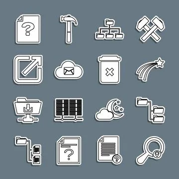 Set line Search location, Folder tree, Falling star, Cloud mail server, Ope.. Stock Illustration