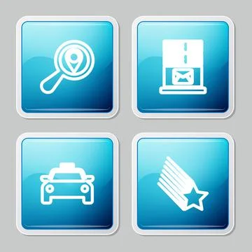 Set line Search location, Mail server, Taxi car and Falling star icon. Vector Stock Illustration