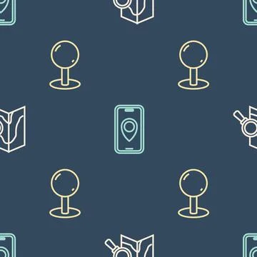 Set line Search location, Push pin and City map navigation on seamless pattern Stock Illustration