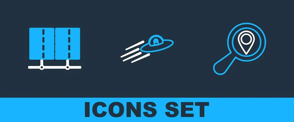 Set line Search location, Server, Data, Web Hosting and UFO flying spaceship and Ilustración de archivo