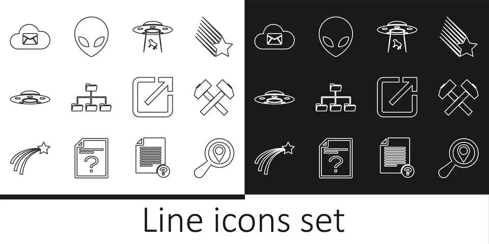 Set line Search location, Two crossed hammers, UFO abducts cow, Folder tree,  Stock Illustration
