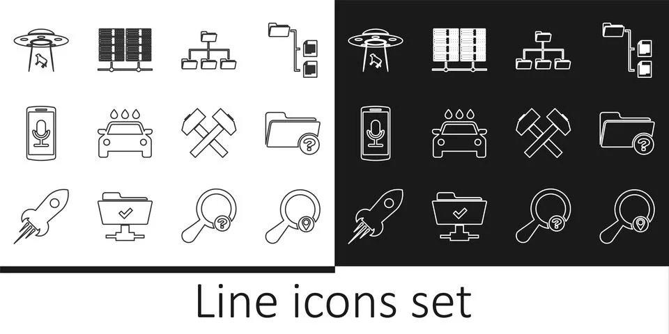 Set line Search location, Unknown directory, Folder tree, Car wash, Mobile Stockillustratie