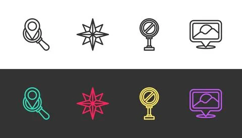 Set line Search location, Wind rose, Stop sign and Location on black and wh.. Stock Illustration