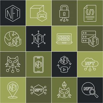 Set line Search NFT, cloud, blockchain technology, Cyber security, Digital Stock Illustration