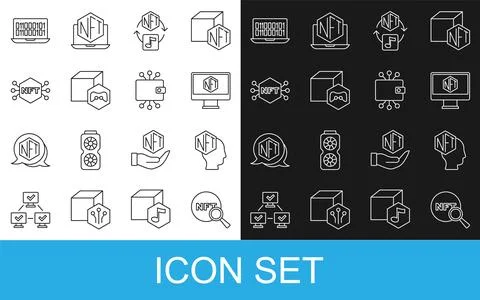 Set line Search NFT, Digital crypto art, Monitor with store app, Binary cod.. Stock Illustration