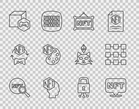 Set line Search NFT, Digital crypto art, Cyber security and blockchain tech.. Stock Illustration