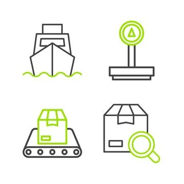 Set line Search package, Conveyor belt with box, Scale and Cargo ship boxes 스톡 일러스트