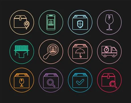 Set line Search package, Delivery truck and stopwatch, box security shield 库存插图