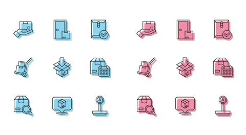 Set line Search package, Location with cardboard box, Delivery hand, Scale Illustrazione stock