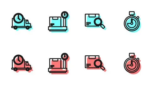 Set line Search package, Logistics delivery truck and clock, Scale with Illustrazione stock
