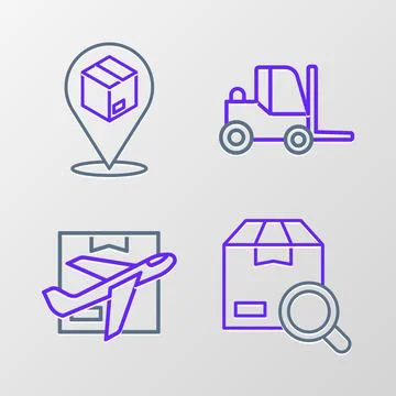 Set line Search package, Plane and cardboard box, Forklift truck and Location Stockillustratie