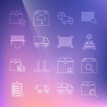 Set line Search package, Scale with cardboard box, Delivery truck and clock 스톡 일러스트