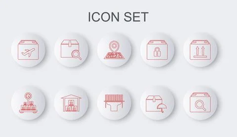 Set line Search package, Scale with cardboard box, Placeholder on map, Delivery Stock Illustration