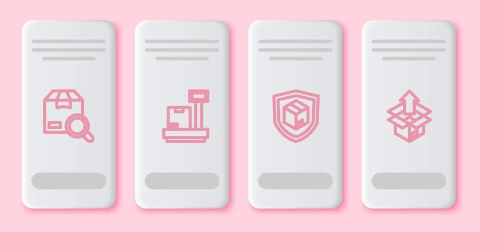 Set line Search package, Scale with cardboard box, Delivery security shield and Stock Illustration