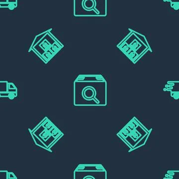 Set line Search package, Warehouse and Delivery truck in movement on seamless Illustrazione stock