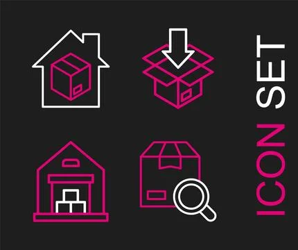 Set line Search package, Warehouse, Carton cardboard box and Home delivery .. Illustrazione stock