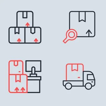 Set line Search package, Warehouse with boxes, Delivery cargo truck and Car.. Stock Illustration