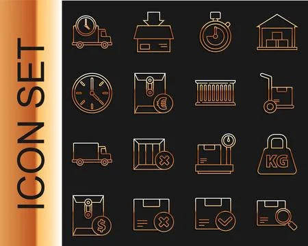 Set line Search package, Weight, Hand truck and boxes, Stopwatch, Envelope with Illustrazione stock