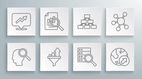Set line Search people, Document with graph chart, Sales funnel, Server Illustrazione stock