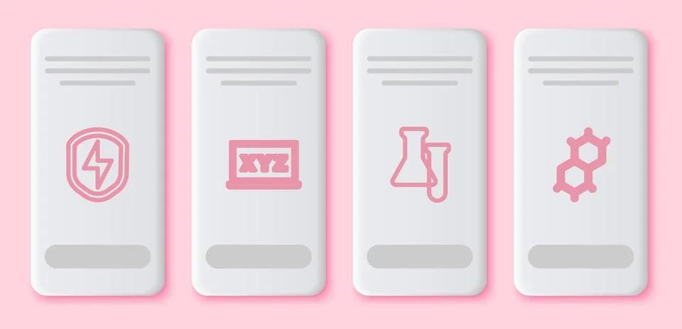 Set line Secure shield with lightning, XYZ Coordinate system, Test tube and f Stock Illustration