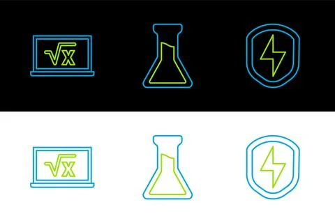 Set line Secure shield with lightning, Square root of x glyph and Test tube.. Stock Illustration