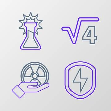 Set line Secure shield with lightning, Radioactive, Square root of 4 glyph .. Stock Illustration