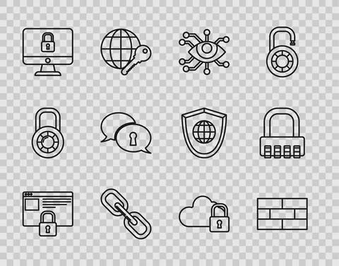 Set line Secure your site with HTTPS, SSL, Bricks, Eye scan, Chain link, Lock on イラスト素材