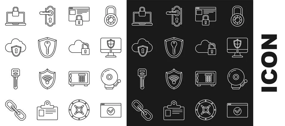 Set line Secure your site with HTTPS, SSL, Ringing alarm bell, Computer monitor Иллюстрация