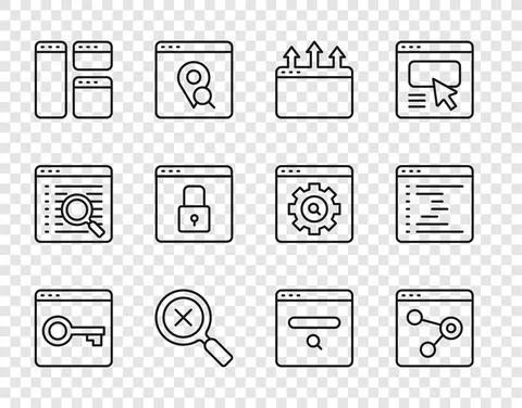 Set line Secure your site with HTTPS, SSL, Browser window, Magnifying glass and Ilustração Stock