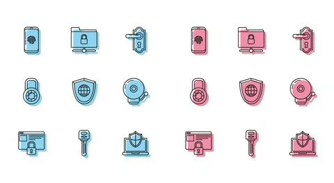 Set line Secure your site with HTTPS, Key, Smartphone fingerprint scanner イラスト素材