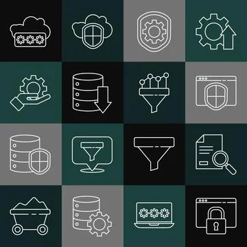 Set line Secure your site with HTTPS, SSL, Document search, Browser shield Illustration