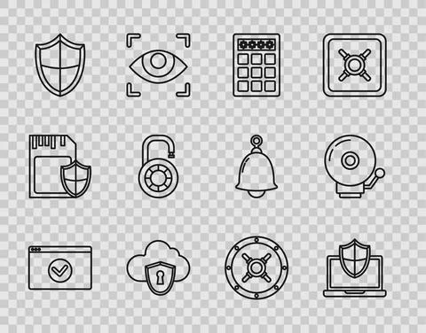 Set line Secure your site with HTTPS, SSL, Laptop protected shield, Password Illustration