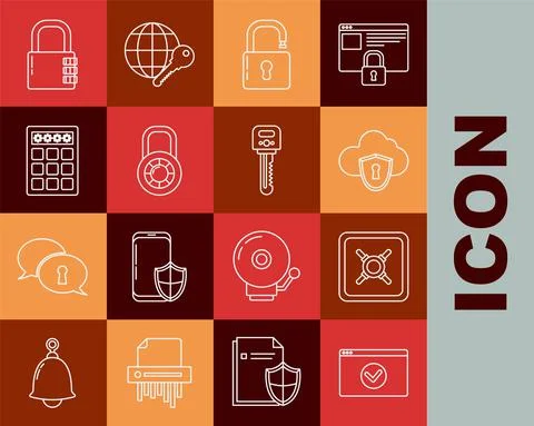Set line Secure your site with HTTPS, SSL, Safe, Cloud and shield, Open padlock Illustration