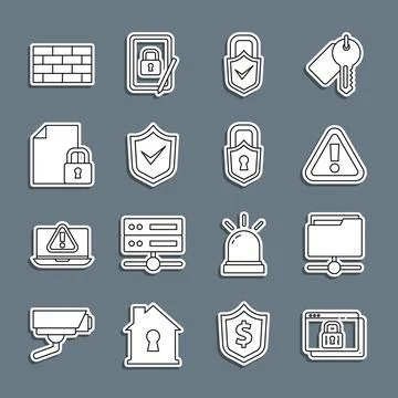 Set line Secure your site with HTTPS, SSL, FTP folder, Exclamation mark in 库存插图