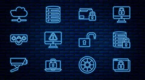 Set line Secure your site with HTTPS, Server security lock, Folder and, Monit Illustration