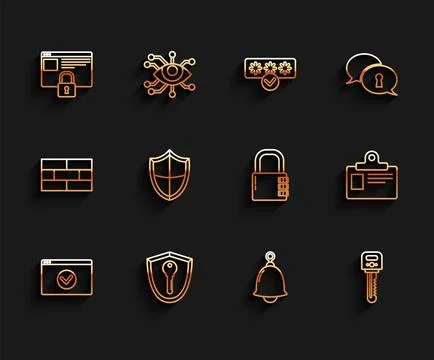 Set line Secure your site with HTTPS, SSL, Shield key, Ringing bell, Key, Ide イラスト素材